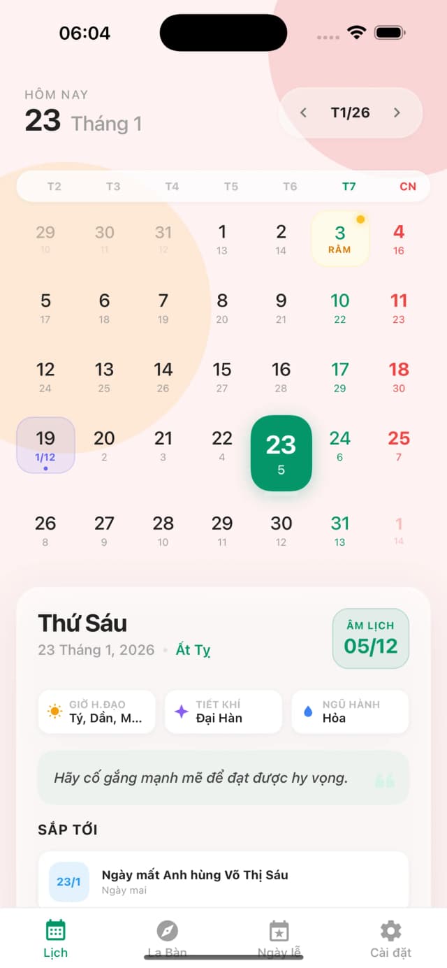 Giao diện lịch chính với song lịch Âm–Dương