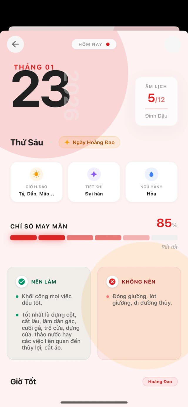 Chi tiết ngày với Chỉ số May mắn và gợi ý Nên làm/Không nên