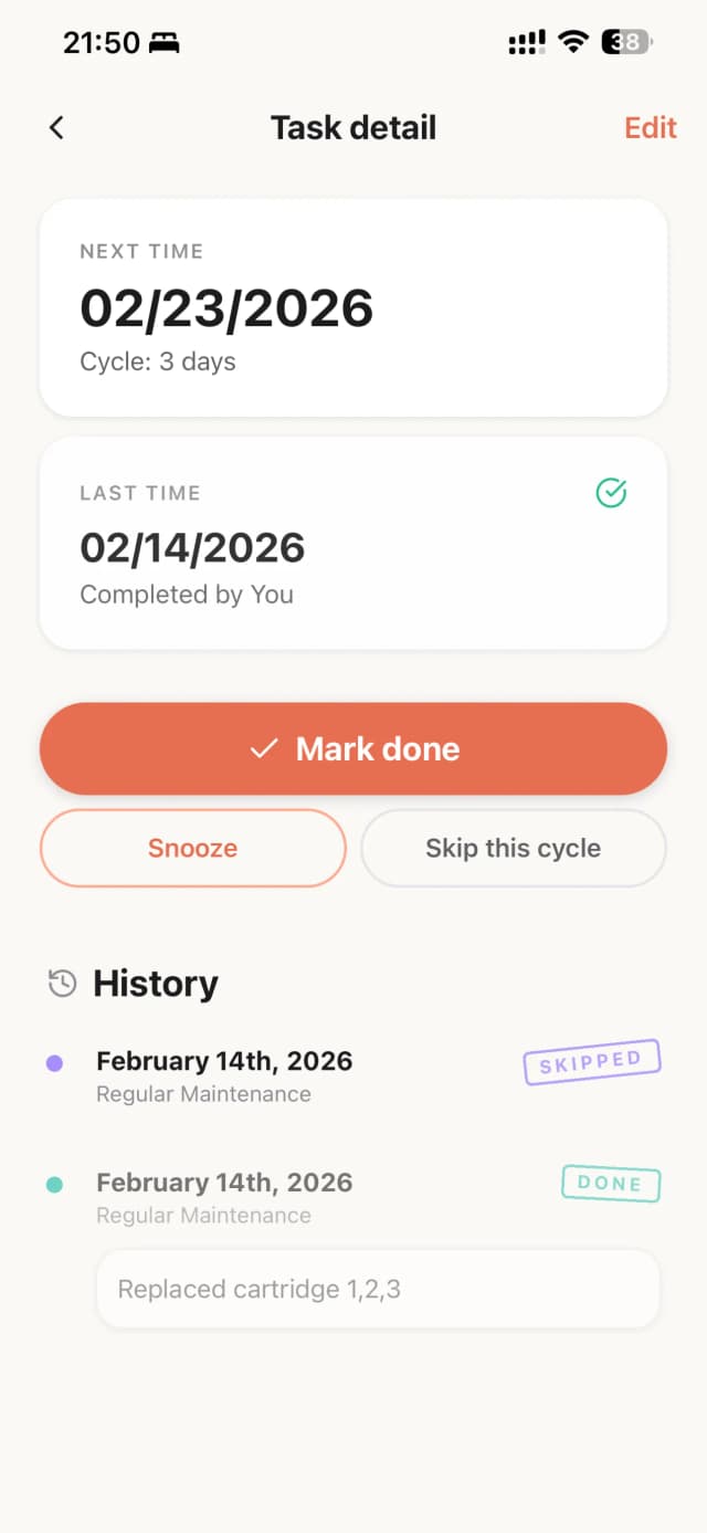 Task detail with schedule and history