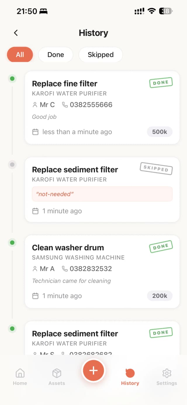 Maintenance history timeline