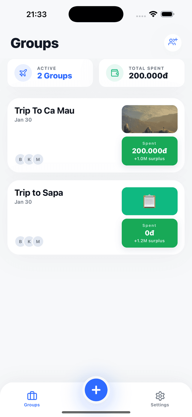 Màn hình danh sách nhóm với số dư và trạng thái