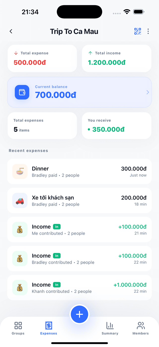 Chi tiết nhóm - Trang chủ với danh sách chi tiêu